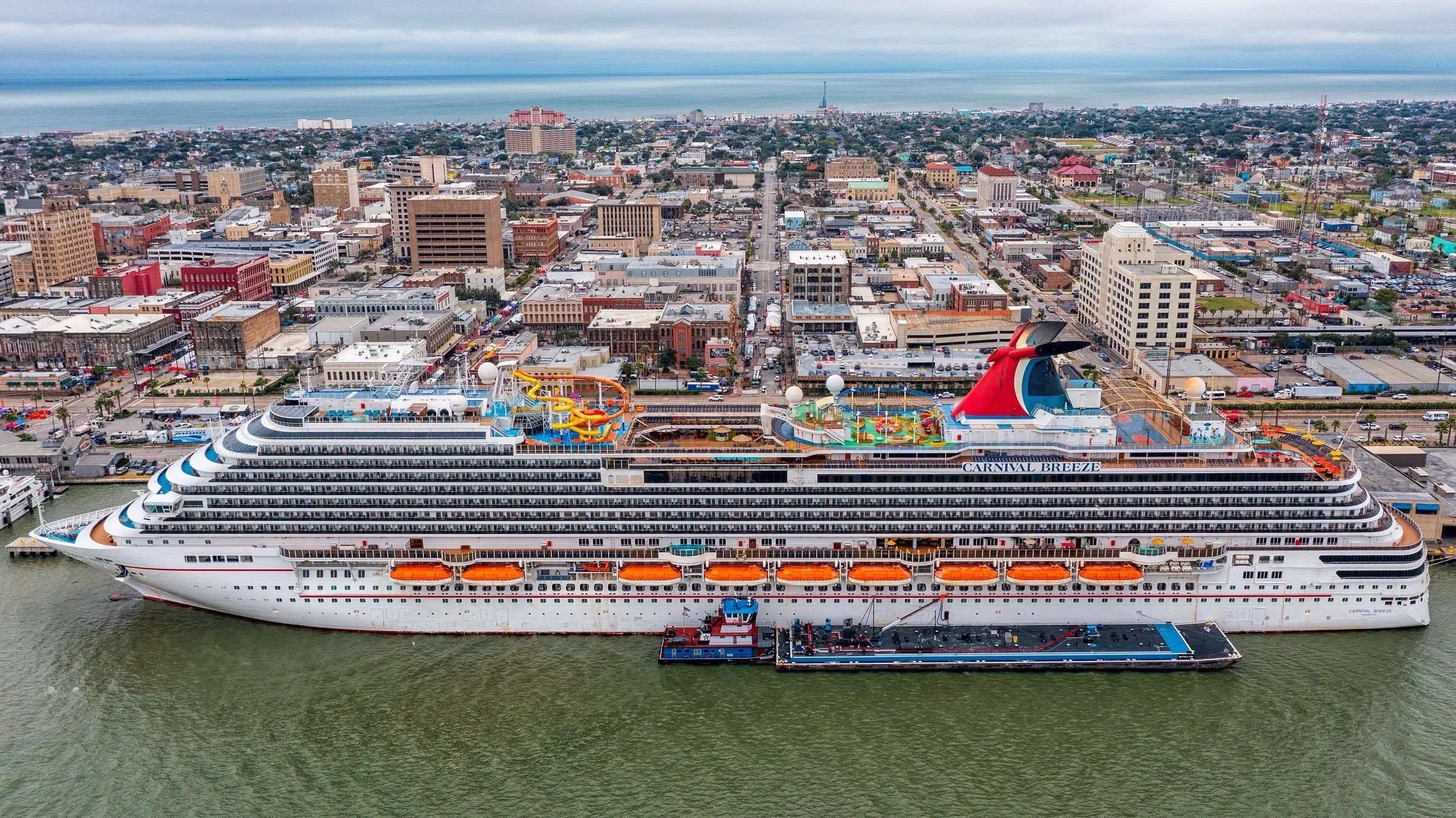 Aerial view of Carnival Breeze docked at the Port of Galveston